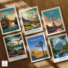 Set of six framed travel posters on wooden floor, featuring Venice, Paris, Joshua Tree, Singapore, Sri Lanka, and The Highlands art prints.
