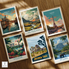 Set of six framed travel art prints featuring Venice, The Highlands, Paris, Singapore, Joshua Tree, and Sri Lanka displayed on a wooden floor.