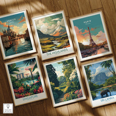 Set of six framed travel art prints featuring Venice, The Highlands, Paris, Singapore, Kew Gardens, and Sri Lanka on a wooden floor.