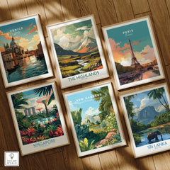 Set of six framed travel art prints featuring Venice, The Highlands, Paris, Singapore, Kew Gardens, and Sri Lanka on a wooden floor.