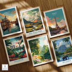 Set of six framed travel art prints featuring Venice, The Highlands, Paris, Singapore, Kew Gardens, and Sri Lanka, displayed on a wooden floor in natural wood frames.