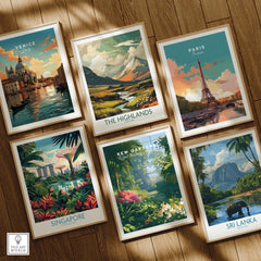 Set of six framed travel art prints featuring Venice, Paris, the Highlands, Singapore, Kew Gardens, and Sri Lanka displayed on a wooden floor.