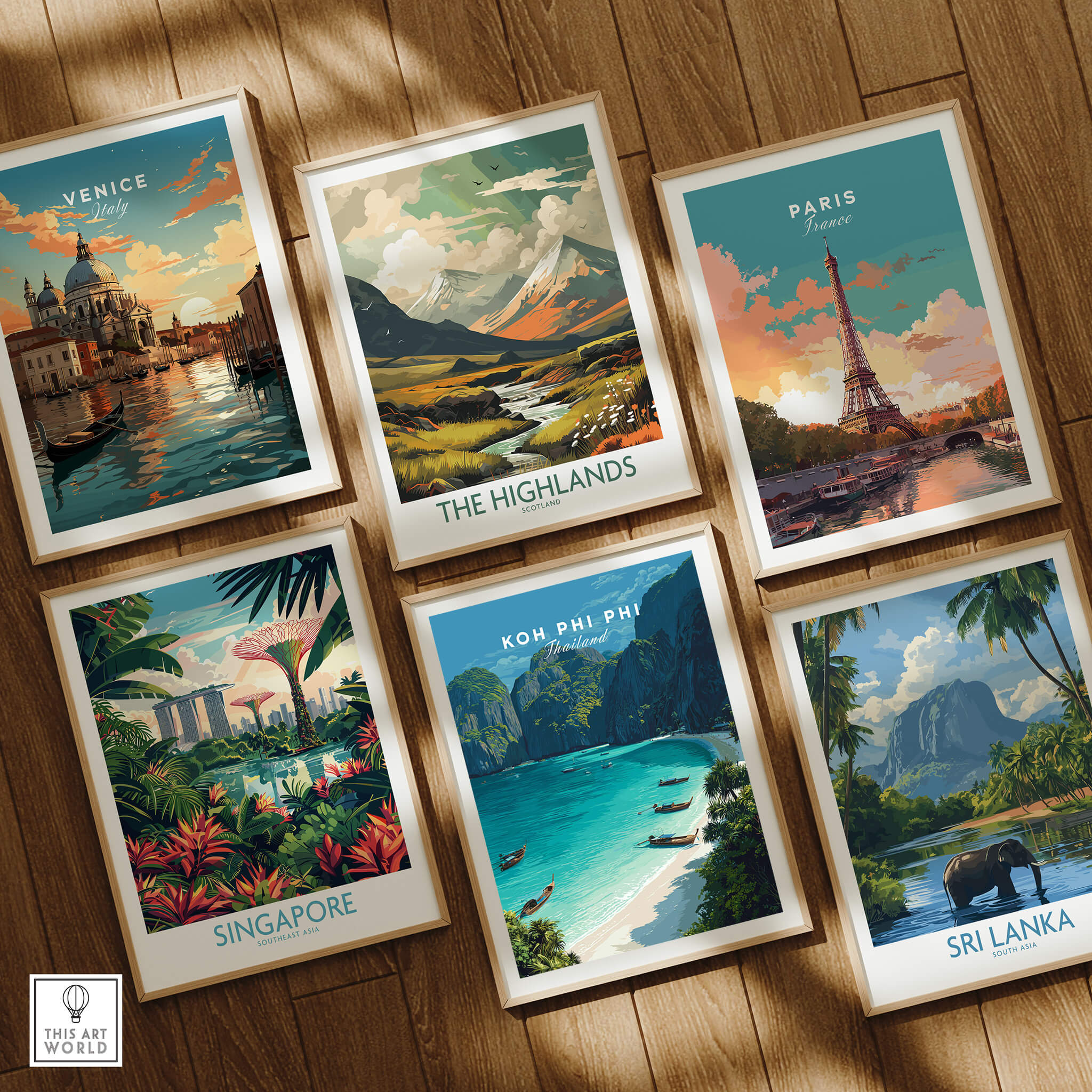 Koh Phi Phi Thailand Travel Poster | Maya Bay Tropical Beach Wall Art Print surrounded by other travel posters.