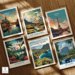 Set of six framed travel posters featuring Venice, Paris, Singapore, Komodo Island, The Highlands, and Sri Lanka on wooden floor.