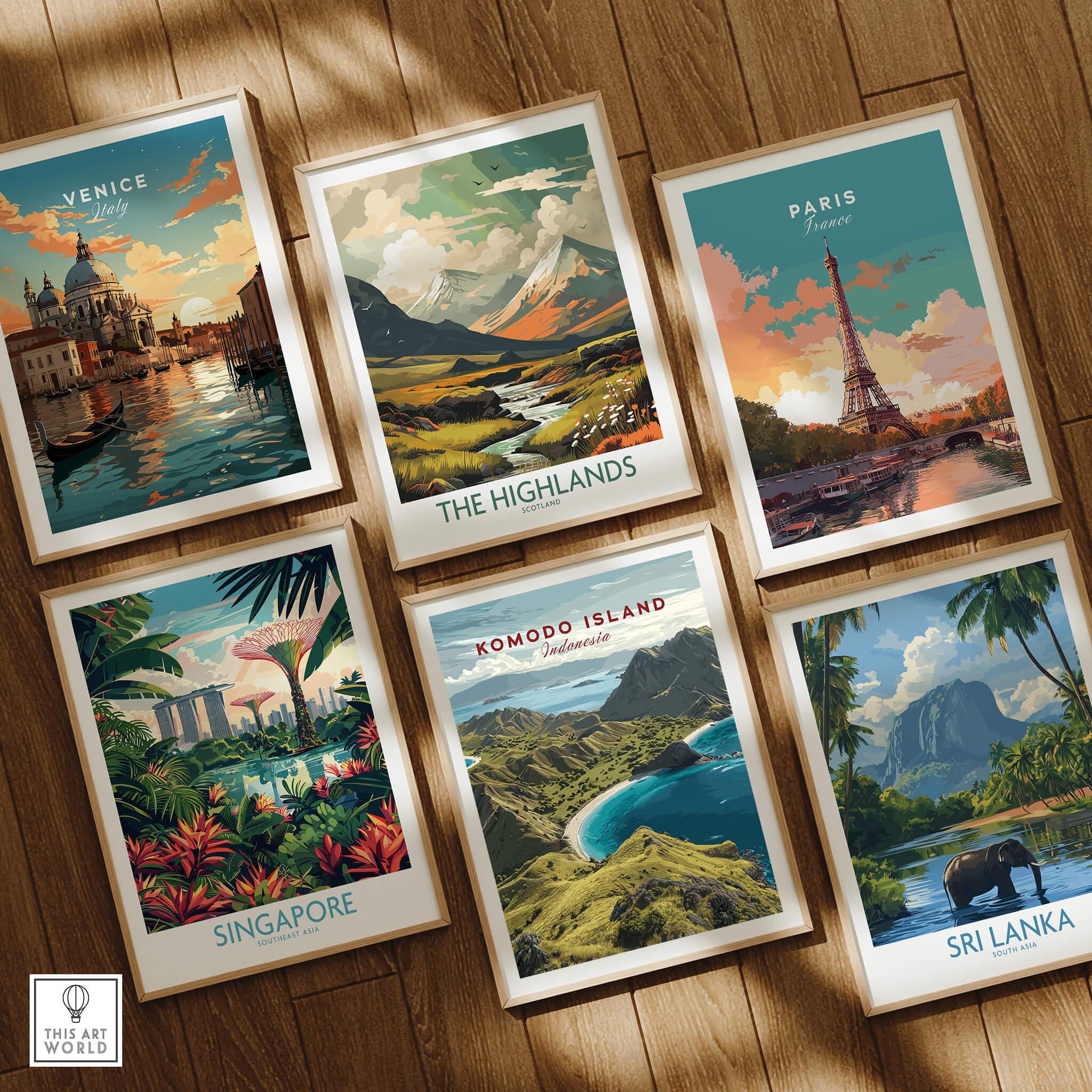 Set of six framed travel posters featuring Venice, Paris, Singapore, Komodo Island, The Highlands, and Sri Lanka on wooden floor.