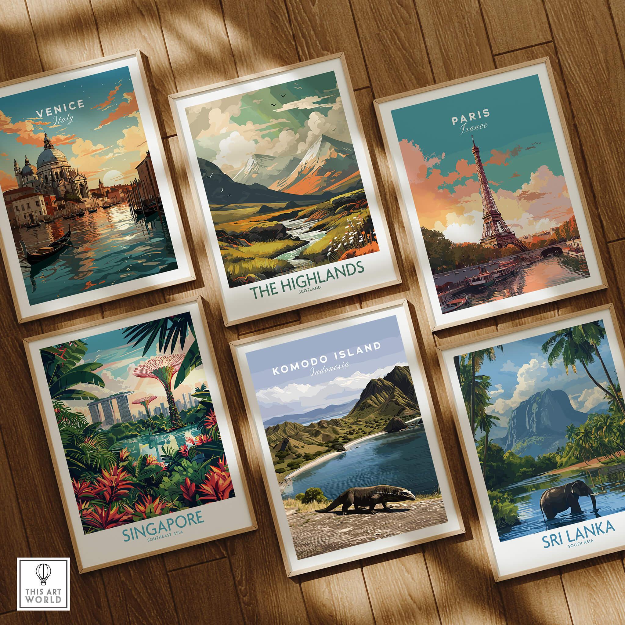 Set of six framed travel art prints on wooden floor, featuring Venice, Paris, Singapore, The Highlands, Komodo Island, and Sri Lanka.