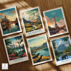 Set of six framed travel posters featuring Venice, Paris, The Highlands, Singapore, Komodo Island, and Sri Lanka, displayed on a wooden floor.