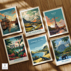 Set of six framed travel art prints featuring Venice, Paris, Highlands, Singapore, Komodo Island, and Sri Lanka on a wooden floor.