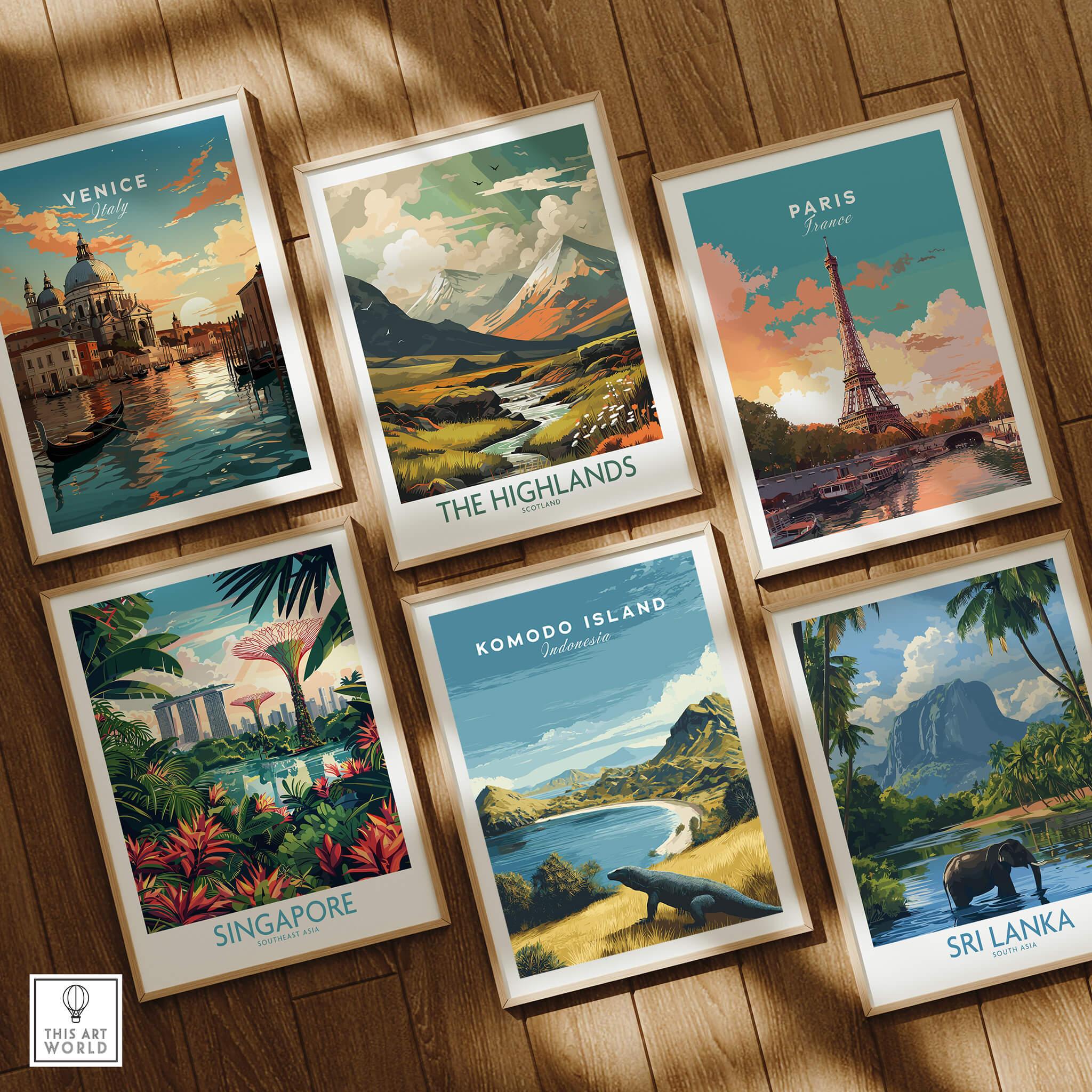 Set of six framed travel art prints featuring Venice, Paris, Highlands, Singapore, Komodo Island, and Sri Lanka on a wooden floor.