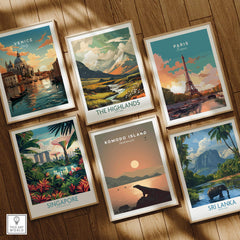 Set of six framed travel posters featuring Venice, The Highlands, Paris, Singapore, Komodo Island, and Sri Lanka, displayed on a wooden floor.