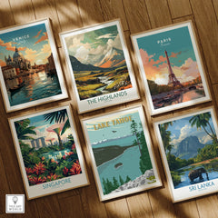 Set of six framed travel art prints featuring Venice, Paris, Highlands, Singapore, Lake Tahoe, Sri Lanka on wooden floor