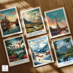 Set of six framed travel art prints featuring Venice, Paris, The Highlands, Singapore, Les Menuires, and Sri Lanka, displayed on a wooden floor.
