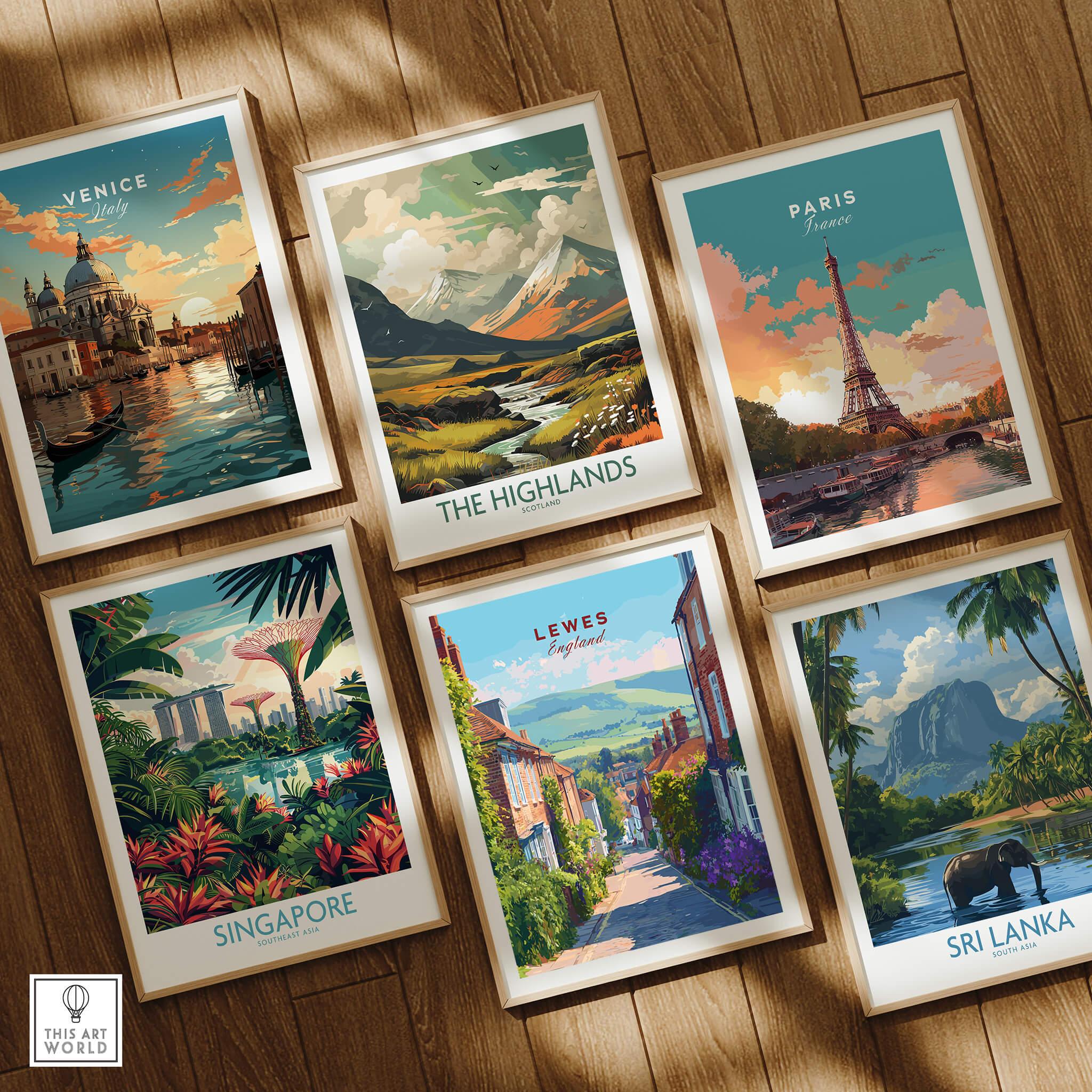 Set of six framed travel art prints featuring Venice, Paris, Highlands, Singapore, Lewes, and Sri Lanka on a wooden floor.