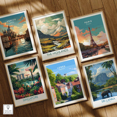 Set of six framed travel art prints of Venice, Paris, Singapore, The Highlands, Lewes, Sri Lanka on wooden floor