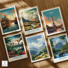 Set of six framed travel art prints featuring Venice, Paris, Singapore, Sri Lanka, The Highlands, and Llanberis Pass displayed on a wooden floor.