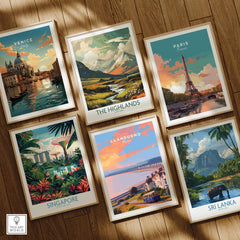 Set of six framed travel posters featuring Venice, Paris, Singapore, Scotland Highlands, Llandudno, and Sri Lanka, arranged on a wooden floor.