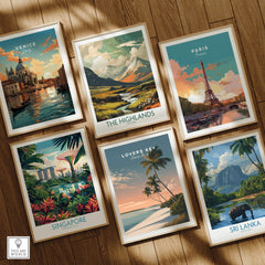 Lovers Key Travel Poster | Florida Sunset Palm Trees Wall Art Print among travel posters of Venice, The Highlands, Paris, Singapore, and Sri Lanka.