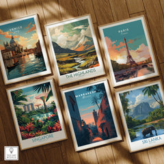 Marrakesh Morocco Travel Poster | Medina Alleyway Twilight Wall Art Print collection with images of Venice, Singapore, Paris, The Highlands, and Sri Lanka.