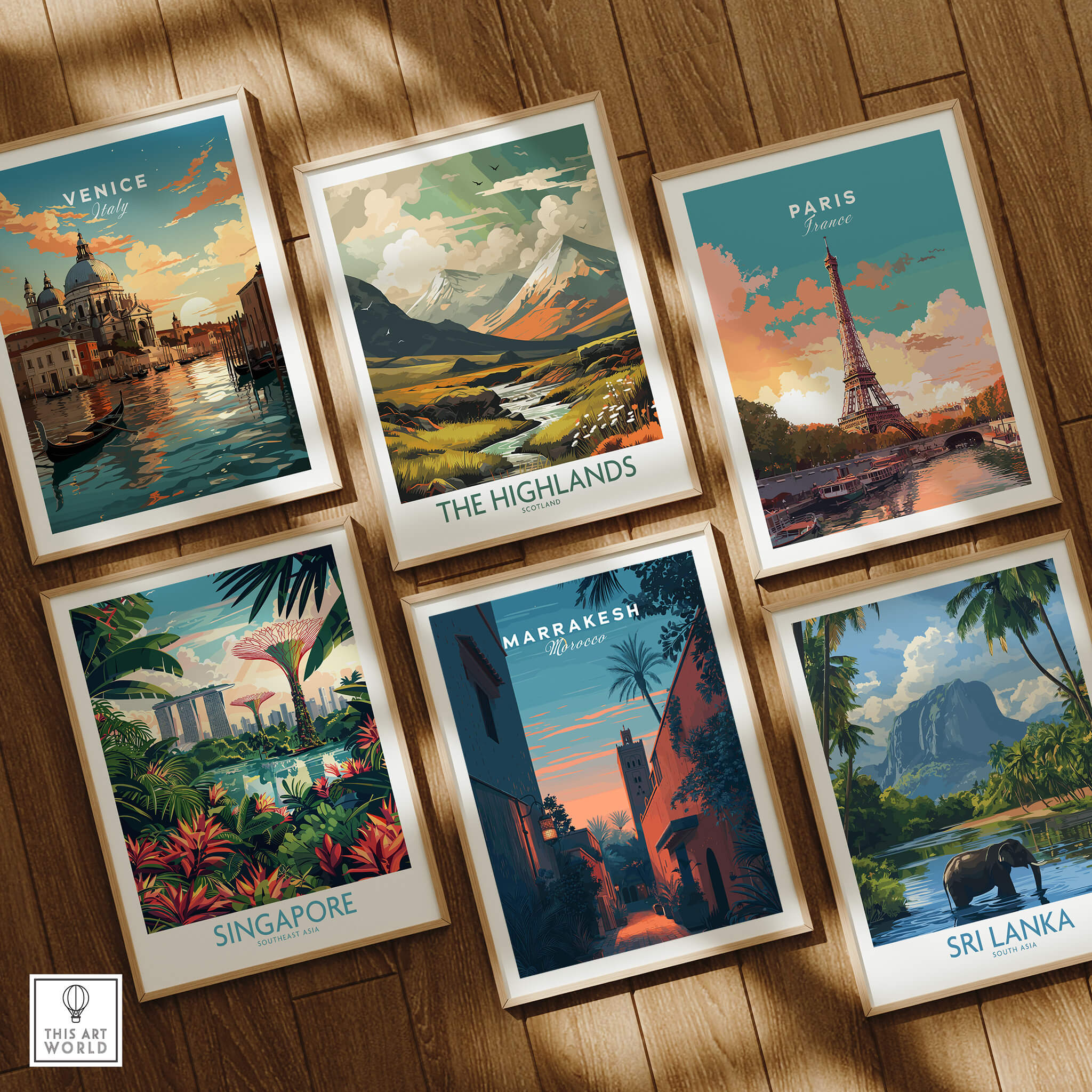 Marrakesh Morocco Travel Poster | Medina Alleyway Twilight Wall Art Print collection with images of Venice, Singapore, Paris, The Highlands, and Sri Lanka.