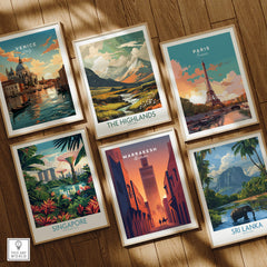 Marrakesh Morocco Travel Poster | Iconic Koutoubia Minaret Wall Art Print displayed among travel posters from other destinations.
