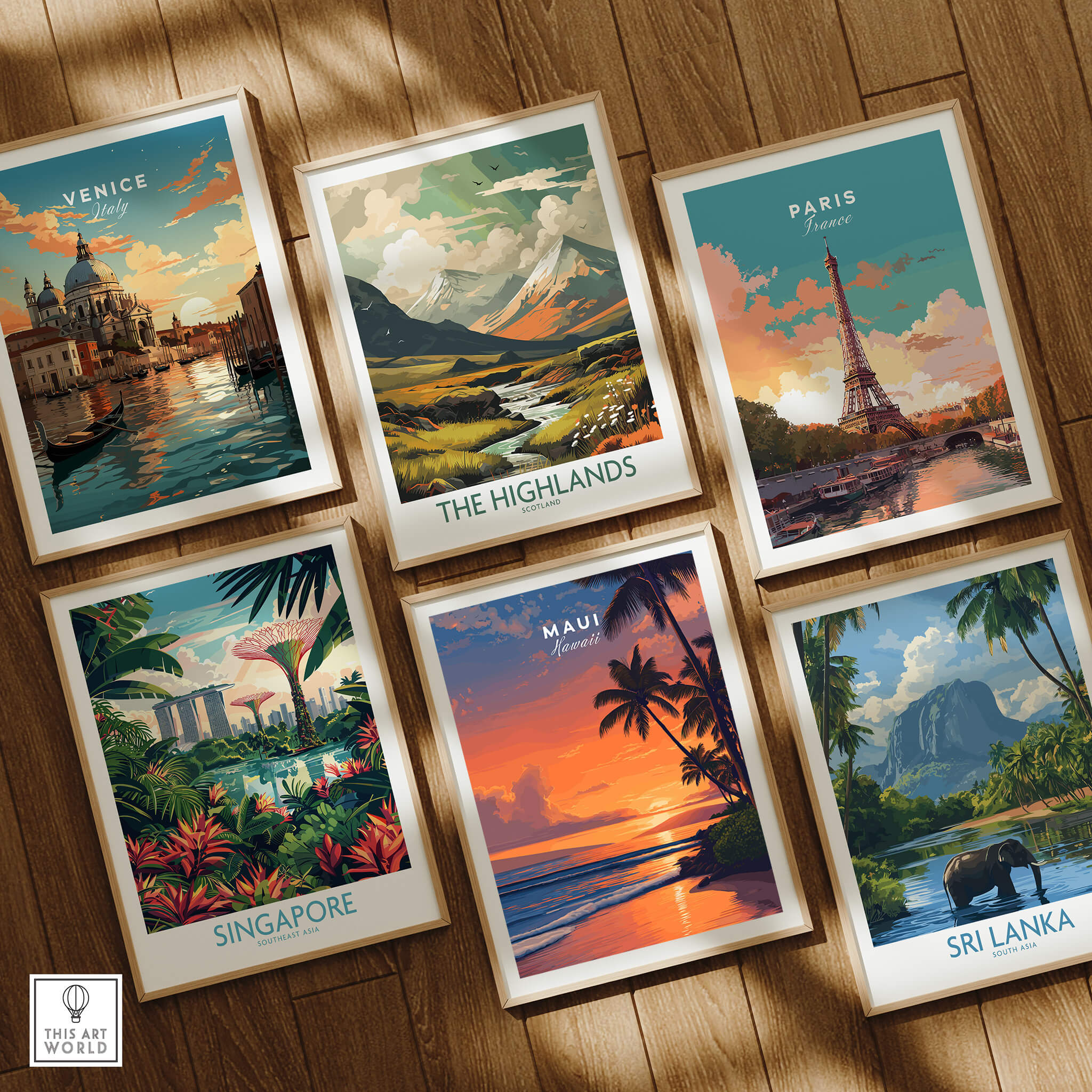 Maui Hawaii Wall Art Print | Tropical Beach Sunset Travel Poster displayed among travel posters from Venice, Singapore, Paris, The Highlands, and Sri Lanka.