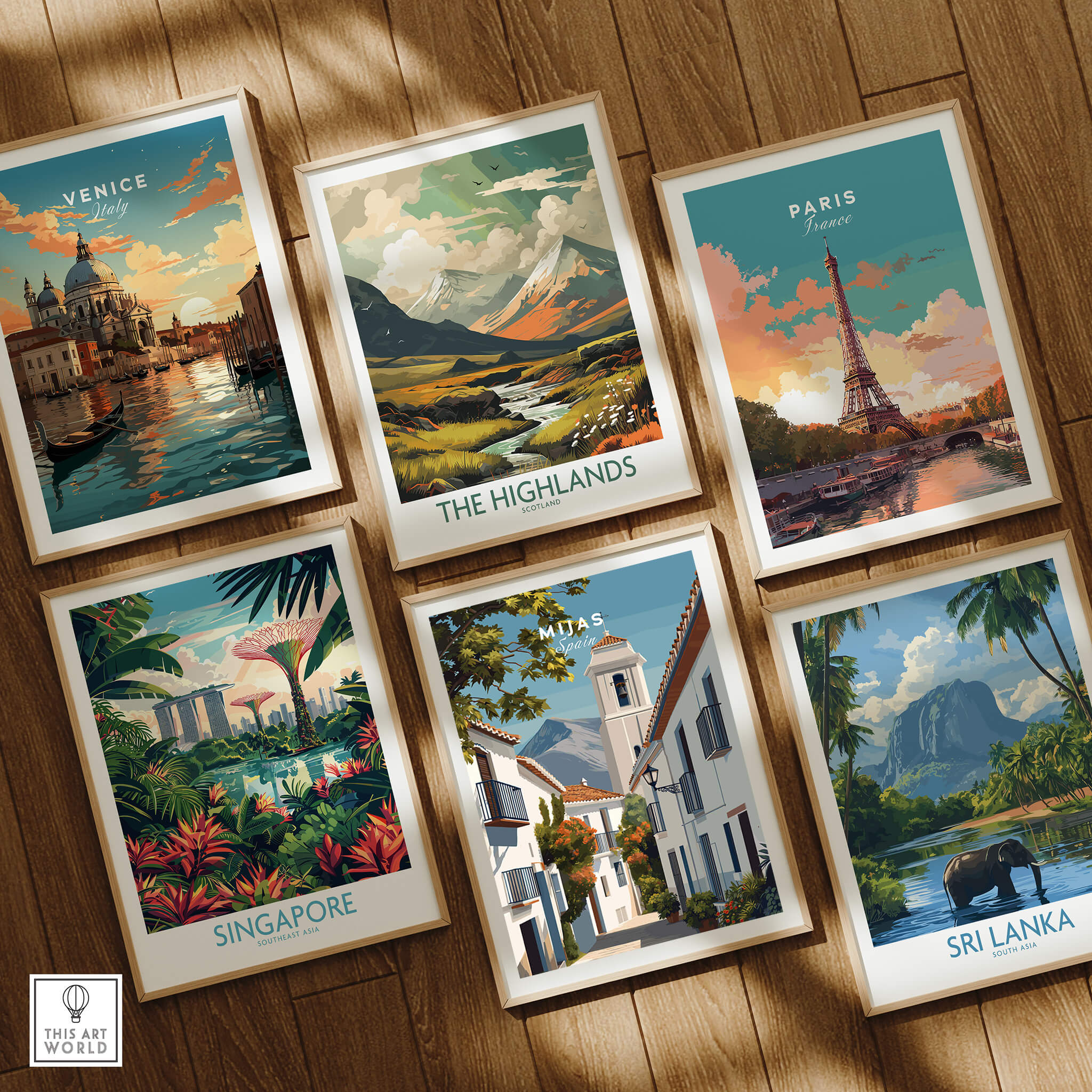 Mijas Spain Travel Poster | Traditional White Street Wall Art Print featured among other travel art prints in a gallery arrangement.