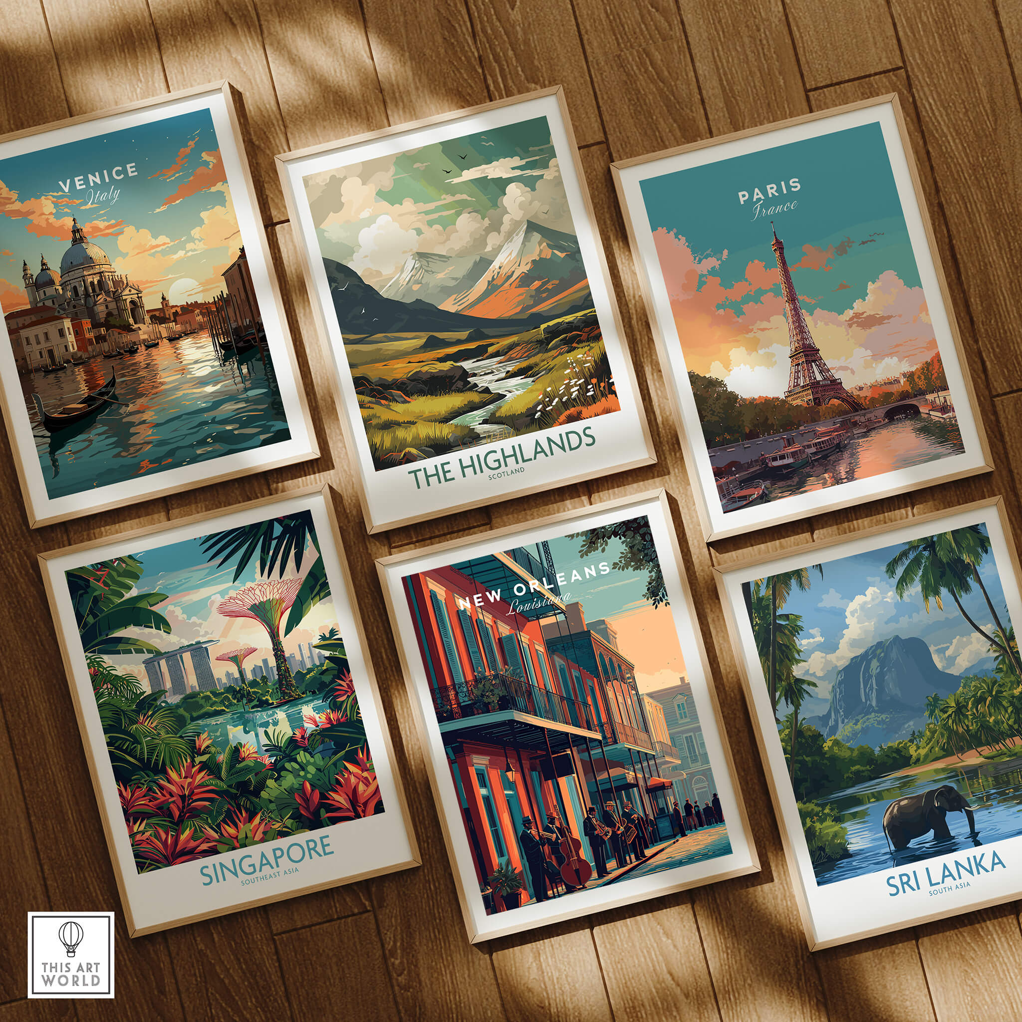New Orleans Poster | Jazz Band Street Scene Wall Art Print collection displayed with other travel art prints.
