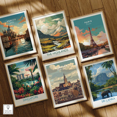 Set of six framed travel posters featuring Venice, Paris, Singapore, Highlands, Nijmegen, Sri Lanka