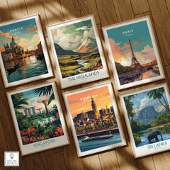 Six framed travel art prints featuring Venice, Paris, Scotland, Singapore, Nijmegen, and Sri Lanka on a wooden floor