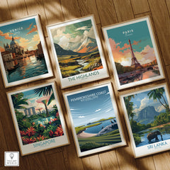Set of six framed travel and national park art prints on wooden floor, featuring Venice, Paris, The Highlands, Pembrokeshire Coast, Singapore, and Sri Lanka.