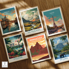 Set of six framed travel posters with national park and city wall art on wooden floor