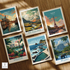 Set of six framed travel posters including Venice, Paris, Singapore, Highlands, Porto Moniz, and Sri Lanka on a wooden floor.