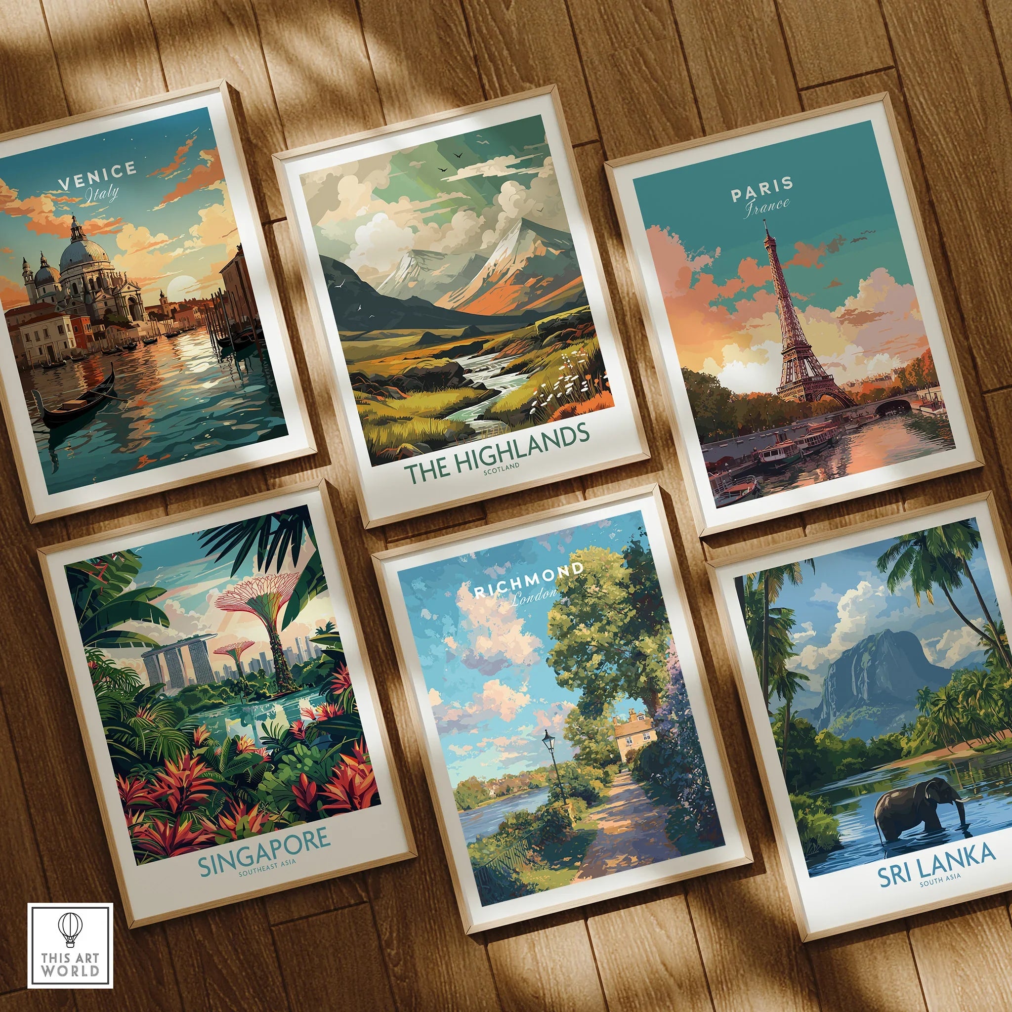 Set of six framed travel posters of Venice, Paris, Singapore, Highlands, Richmond, Sri Lanka on wood floor
