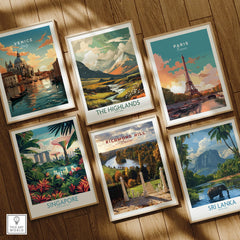 Set of six framed travel art prints featuring Venice, Paris, Singapore, Richmond Hill, The Highlands, and Sri Lanka on a wooden floor.