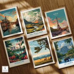 Set of six framed travel art prints featuring Venice, Paris, Singapore, Richmond Park, the Highlands, and Sri Lanka on a wooden floor.