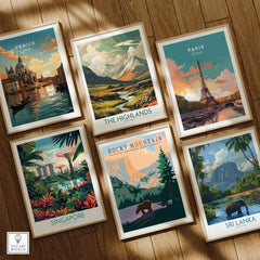 Set of six framed travel art prints featuring Venice, the Highlands, Paris, Singapore, Rocky Mountain National Park, and Sri Lanka on a wooden floor.