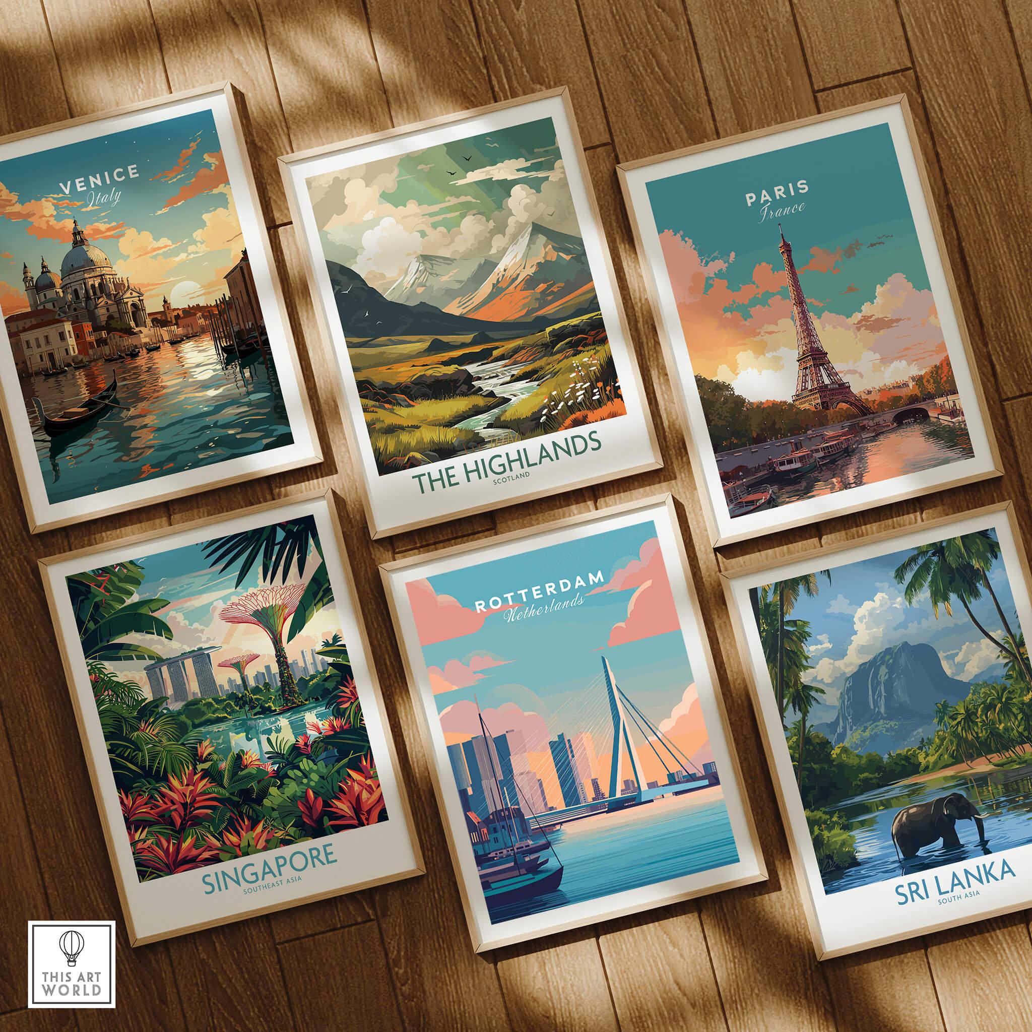 Set of six framed travel posters featuring Venice, Paris, Singapore, Rotterdam, Highlands, Sri Lanka on a wooden floor.