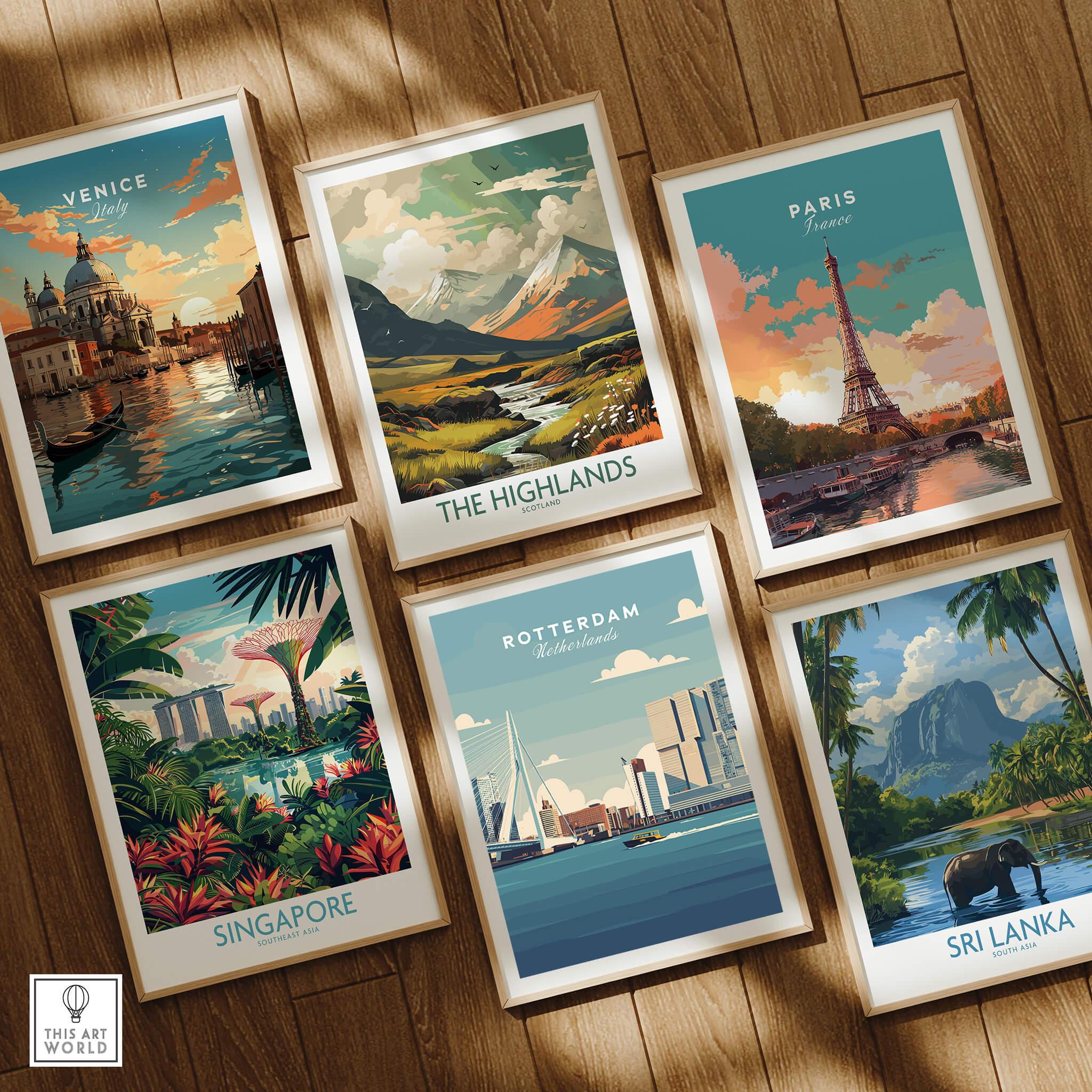 Set of six framed travel posters featuring Venice, Paris, Highlands, Singapore, Rotterdam, Sri Lanka on wooden floor