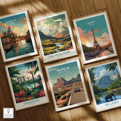 Set of six framed travel posters featuring Venice, Paris, Highlands, Singapore, Route 66, and Sri Lanka on a wooden floor.