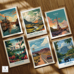 Set of six framed travel art prints with scenic city and nature landscapes on a wooden floor