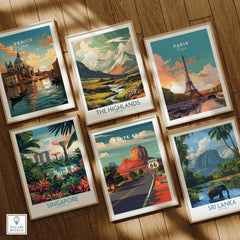 Set of six framed travel art prints featuring Venice, The Highlands, Paris, Singapore, Route 66, and Sri Lanka on a wooden floor.