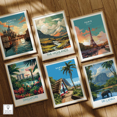 Set of six framed art prints with travel posters of Venice, Paris, Singapore, Sri Lanka, Highlands, and Santana on wooden floor