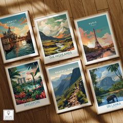 Scafell Pike Lake District Travel Poster | Mountain Valley View Wall Art Print among various travel posters in an art display.
