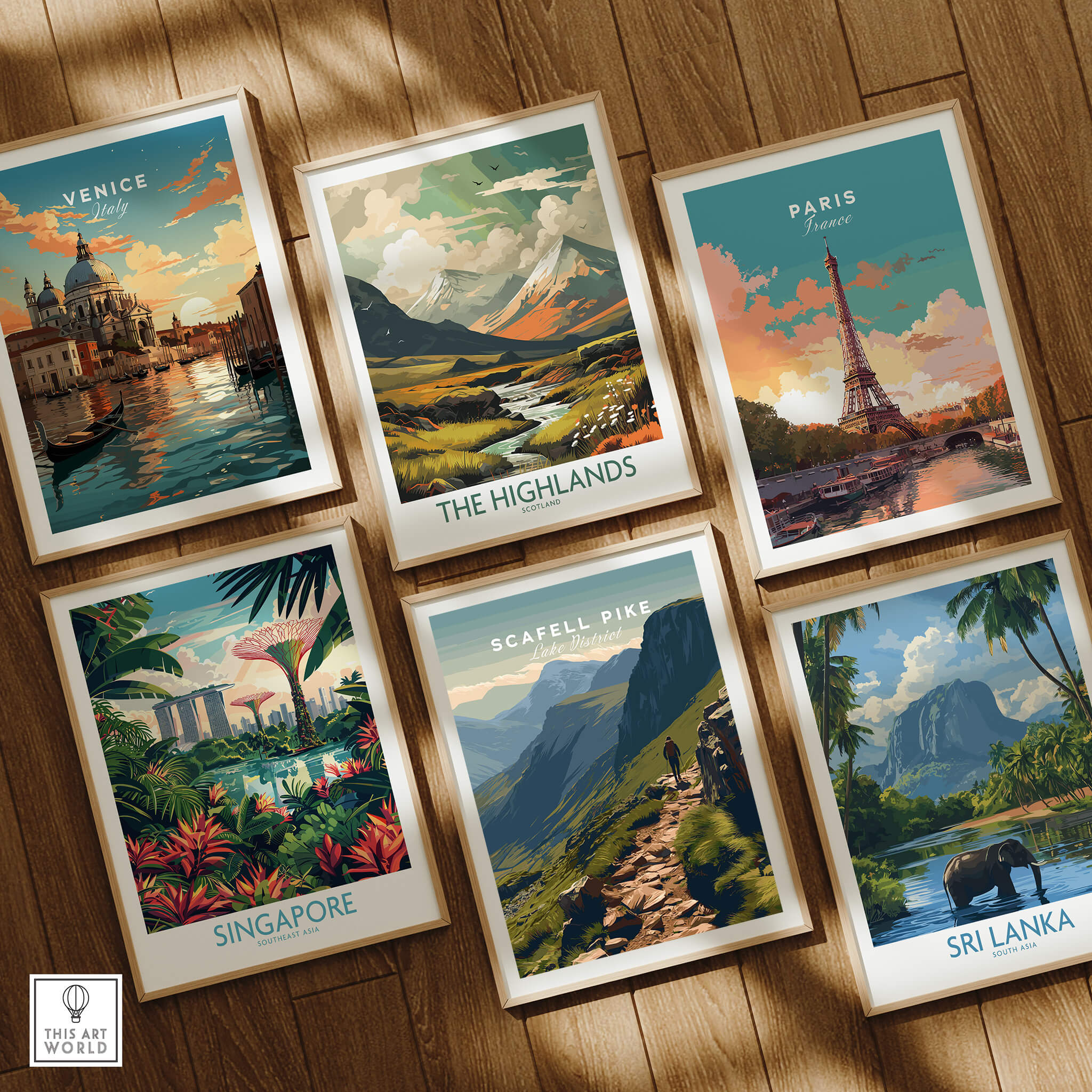 Scafell Pike Lake District Travel Poster | Mountain Valley View Wall Art Print among various travel posters in an art display.