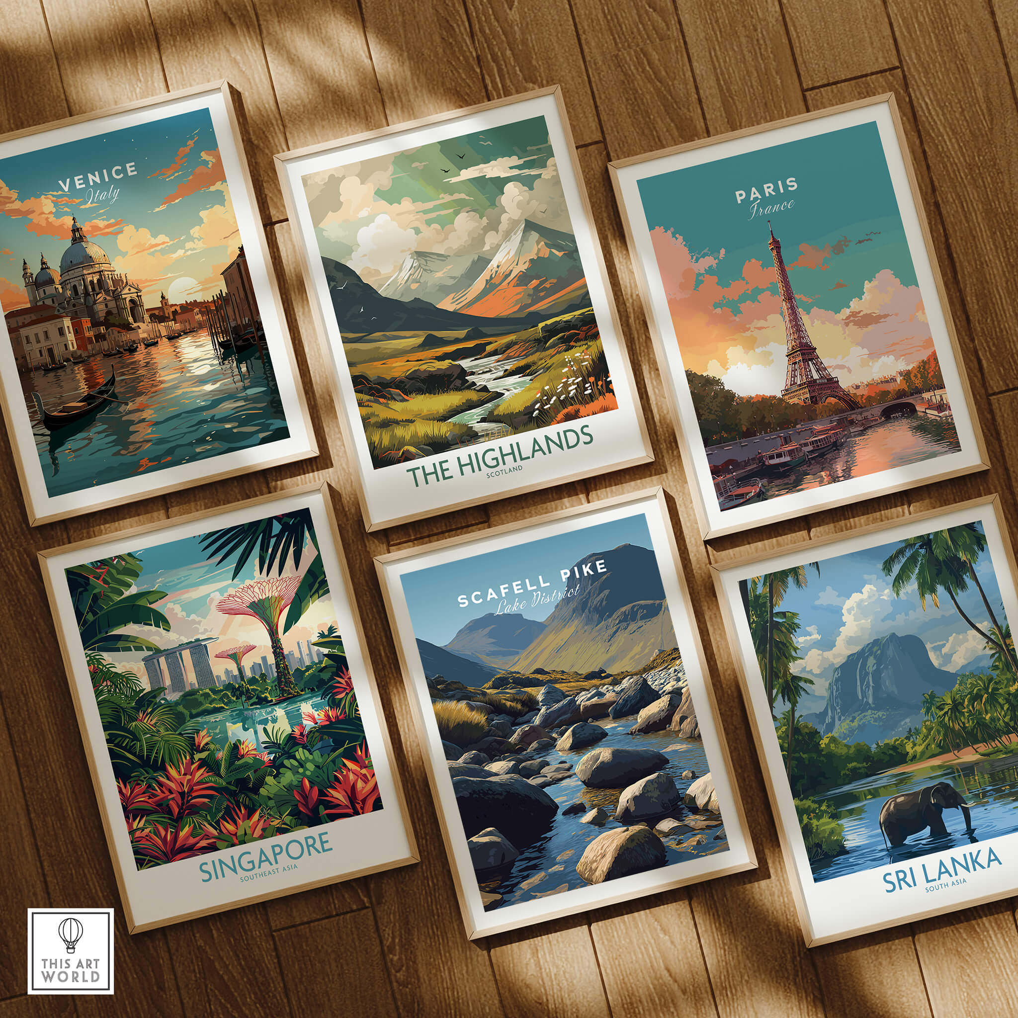 Scafell Pike Poster Lake District Wall Art Print among other travel-themed posters in a stylish display.