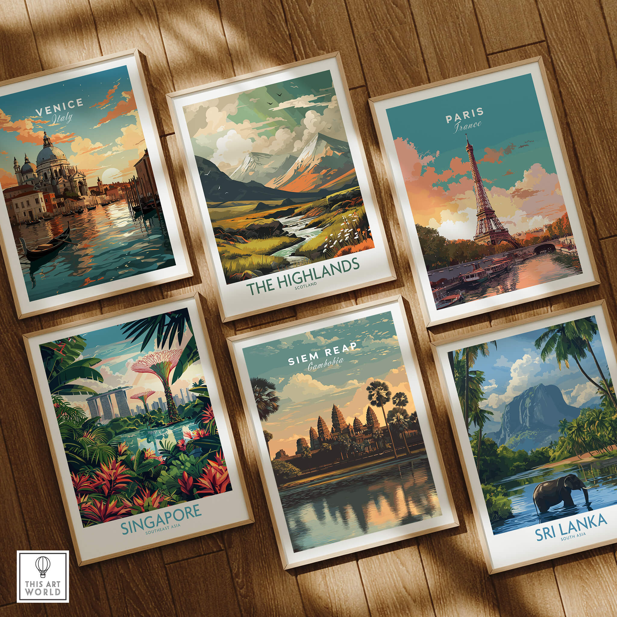 Siem Reap Poster Cambodia | Angkor Wat Temple Wall Art Print displayed among other travel posters.