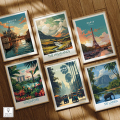 Siem Reap Cambodia Travel Poster | Tropical Town Street Wall Art Print among other travel posters on wooden floor.