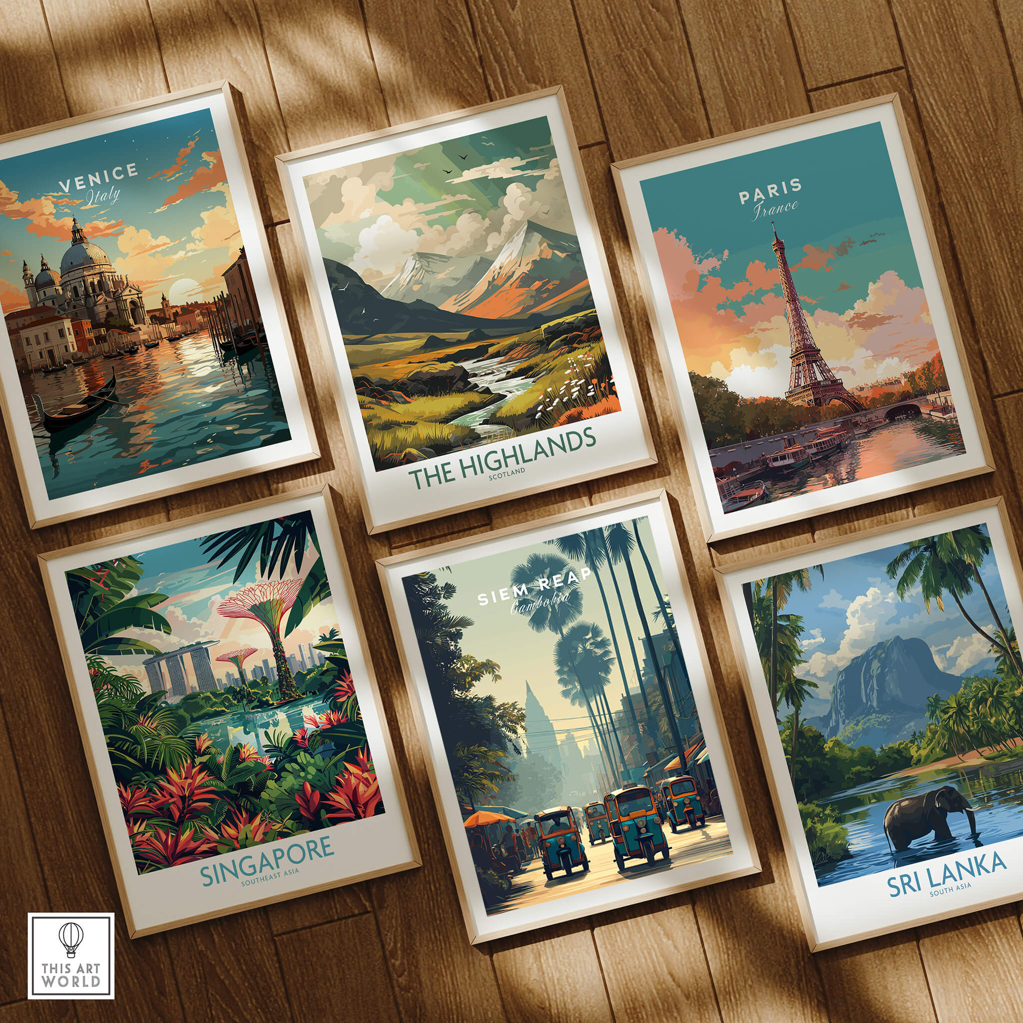 Siem Reap Cambodia Travel Poster | Tropical Town Street Wall Art Print among other travel posters on wooden floor.