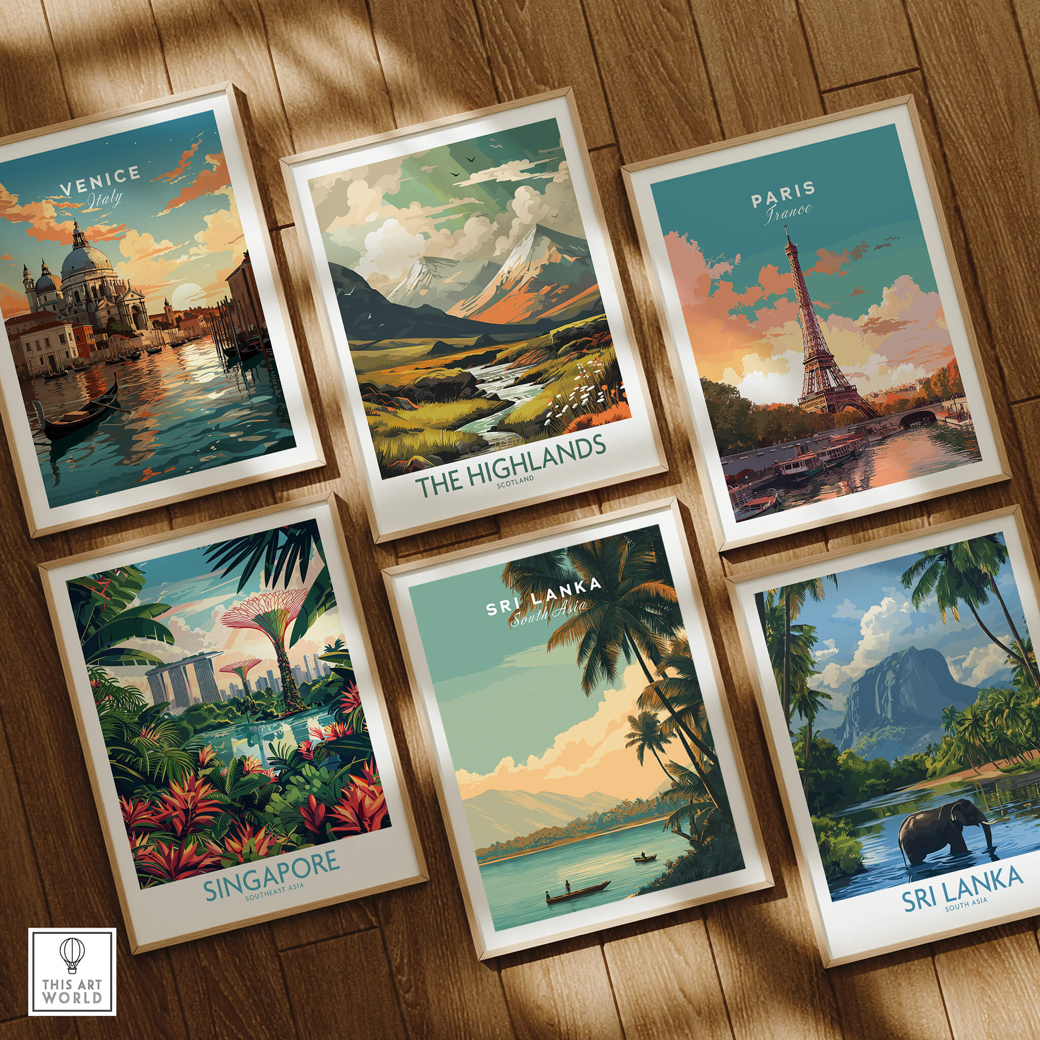 Sri Lanka Travel Poster | Sunset Wall Art Print displayed among other travel posters on a wall.