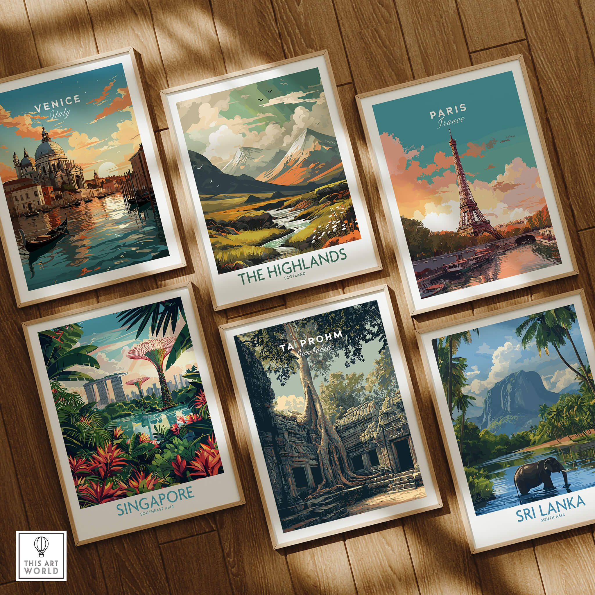 Ta Prohm Cambodia Travel Poster | Ancient Temple Jungle Ruins Wall Art Print displayed among travel posters of Venice, Paris, and more.